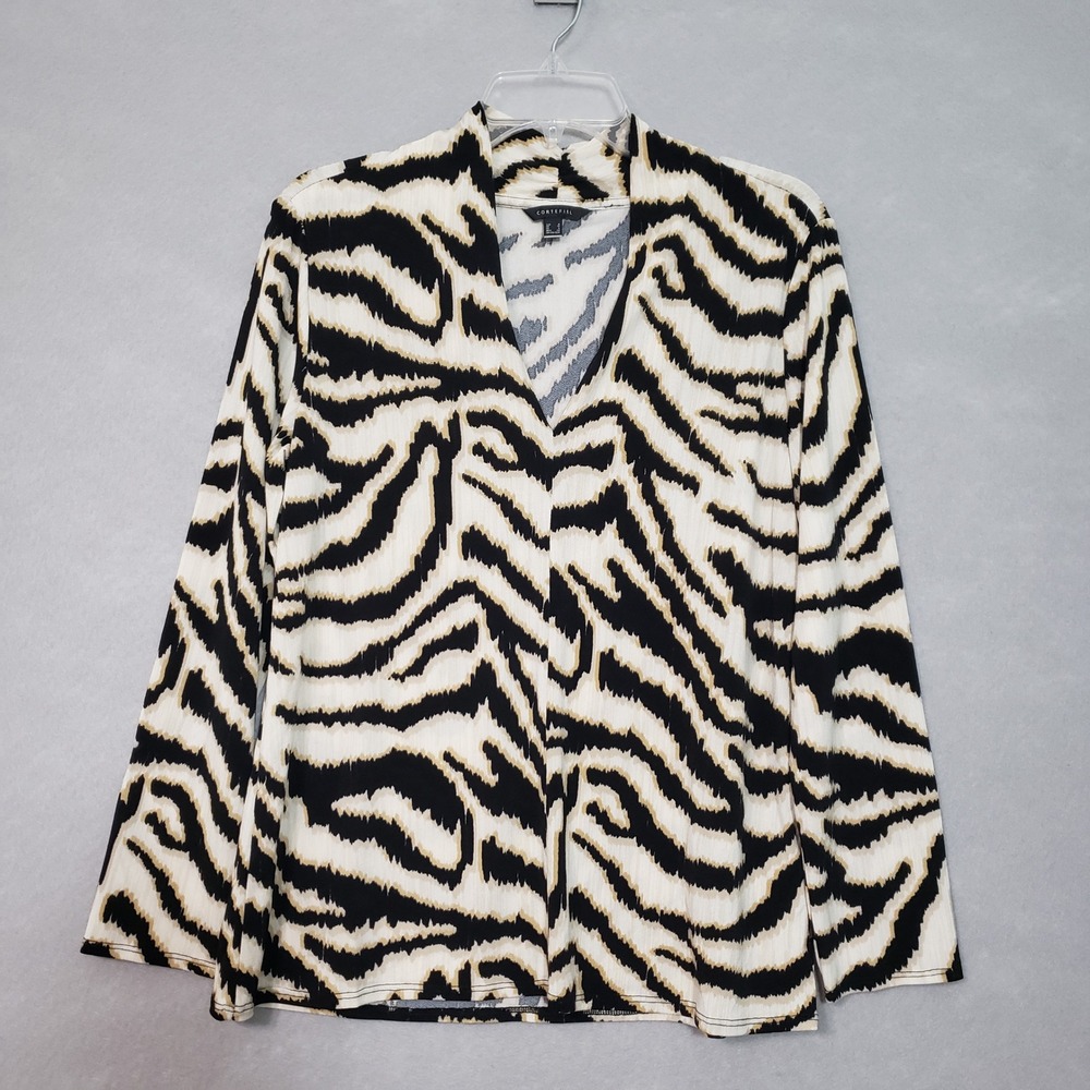 Cortefiel Women US 6 V-Neck Blouse Black Cream Tiger Animal Print Long Sleeve